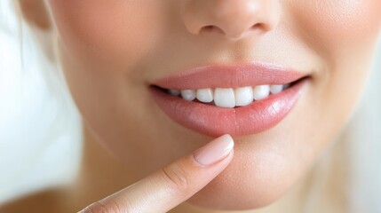 Fototapeta premium Closeup of a lady inserting whitening equipment into her mouth, natural tones, and a serene setup.
