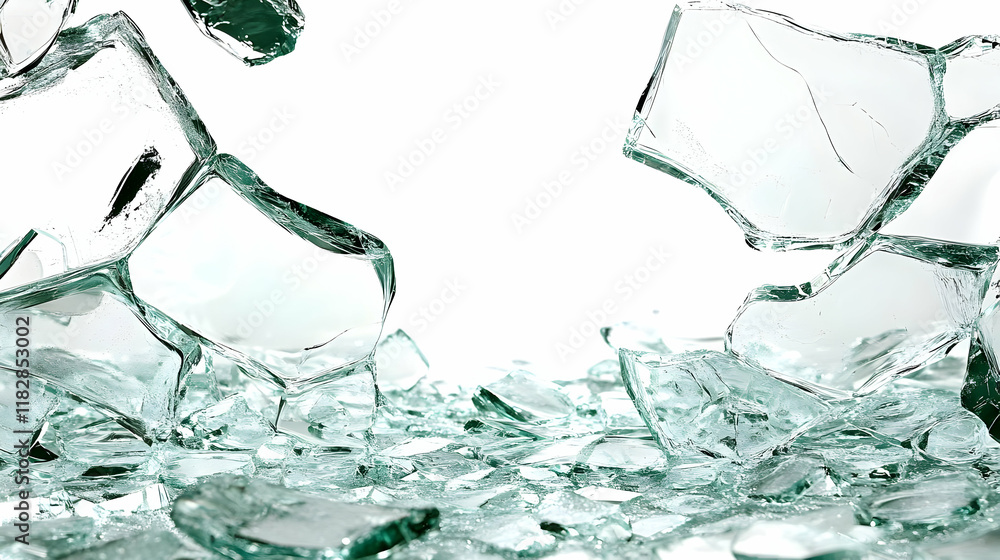 Poster shattered glass shards scatter and explode dynamically across a white background