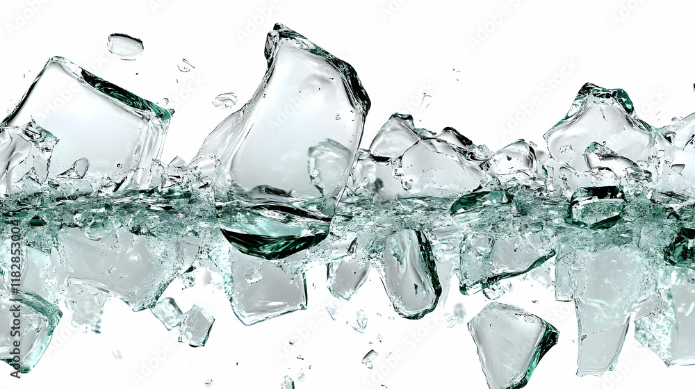Aufkleber shattered glass shards explode outward dynamically on a white background with motion blur