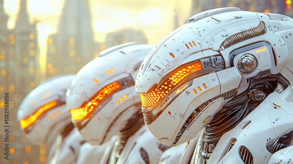 Poster futuristic robots in a cityscape setting with bright orange eyes and advanced technology features