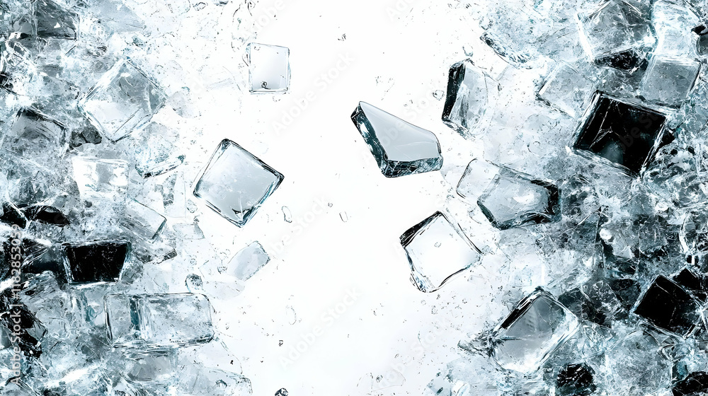 Poster ice cubes exploding with water splashes on a white background dynamically