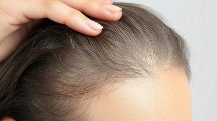 Fototapeta premium Closeup of a woman's hand scratching her head, focus on fingers and hair, representing issues like dandruff or irritation, clean white backdrop.