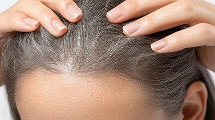 Fototapeta premium Closeup of a woman's hand scratching her head, focus on fingers and hair, representing issues like dandruff or irritation, clean white backdrop.