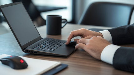 Close-Up of a Business Person Typing on a Laptop in a Modern Office, with a Neat Desk Featuring a Wireless Mouse, Notebook, and Coffee Mug