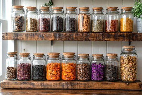 Rustic kitchen shelving with glass jars filled with an assortment of dried herbs, spices, and beans