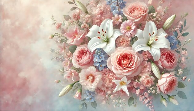 Soft dreamy pastel floral design with a mix of roses, peonies, and lilies creating a romantic vibe