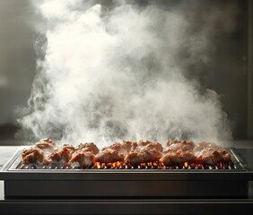 Grilled Chicken Cooking Over Hot Flames with Steam Rising in a Professional Kitchen Setting, Perfect for Culinary and Food Photography Projects
