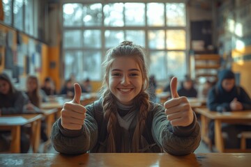 Cheerful Black female teacher and enthusiastic student giving thumbs up in a warm classroom encouraging positive learning and mentorship for diverse children