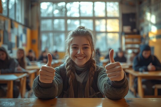 Cheerful Black female teacher and enthusiastic student giving thumbs up in a warm classroom encouraging positive learning and mentorship for diverse children