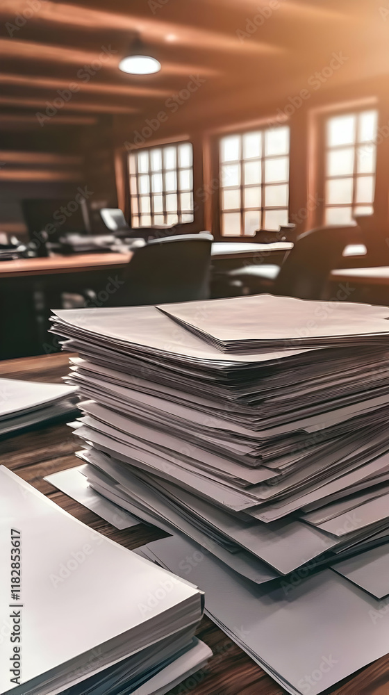 Aufkleber large stack of papers sits on desk in blurred office setting efficiently organized.