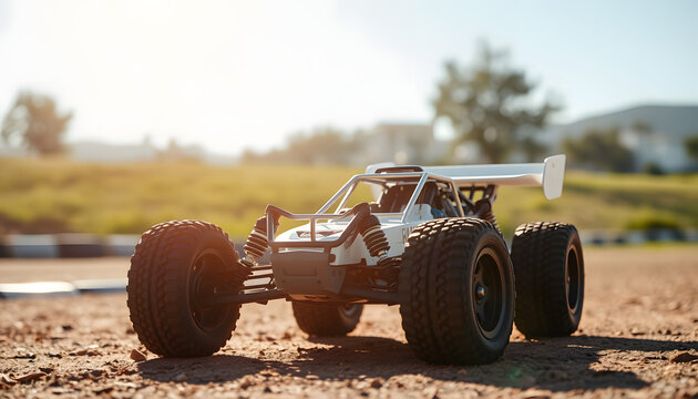 White Radio Controlled (RC) Offroad Truggy on an outdoor track training during sunny day, studio lighting. isolated with white highlights
