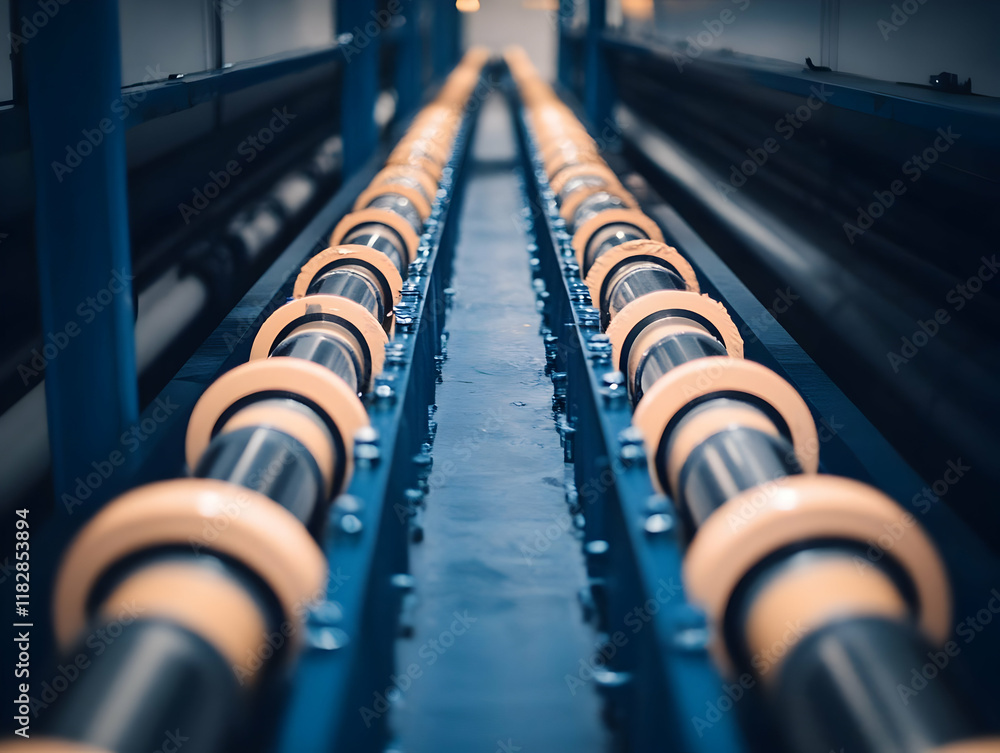 Poster industrial rollers aligned on a blue frame in a factory setting with precise arrangement