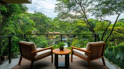 Obraz premium Elegant wooden chairs with plush cushions paired with a table, set on a resort balcony overlooking a peaceful and green garden.