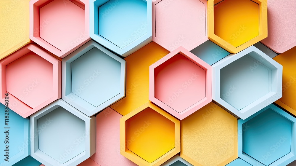 Poster colorful hexagonal shapes arranged on a bright wall create a vibrant and playful design