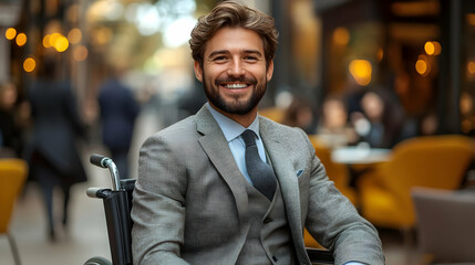 Confident Businessman in Wheelchair Smiles at Cafe, Embracing Accessibility and Success.