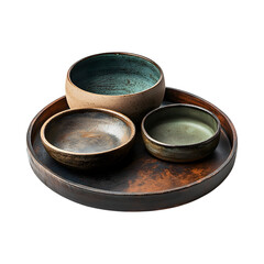Large Pottery Trays with Three Bowls Isolated on Transparent Background