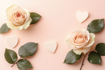 Two beautiful roses entwined with two vibrant hearts, set against a soft pink background, embodying love and romance for Valentine's Day.