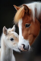 Obraz premium Closeup of a tender moment between a horse and its foal, showcasing their bond and gentle affection.