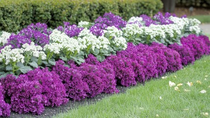 Obraz premium Flowering kale plants in vibrant shades of purple and white, neatly planted in a garden bed for a stunning ornamental display.