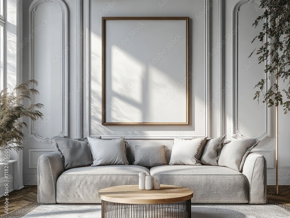 Poster minimalist living room mockup with empty frame and scandinavian design