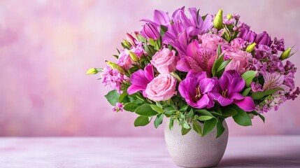 A charming vase filled with vibrant purple flowers sits gracefully atop a table, radiating love and warmth perfect for Valentine's Day celebrations.