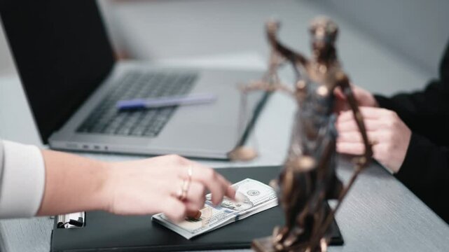 Close-up of a bribe being offered to a lawyer in their office. The lawyer refuses the money. Concept of fighting corruption and upholding justice.