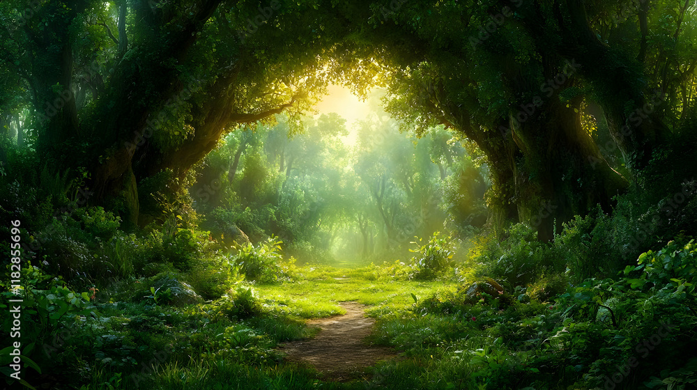 Poster magical forest path with sunbeams breaking through canopy creates enchanting scene