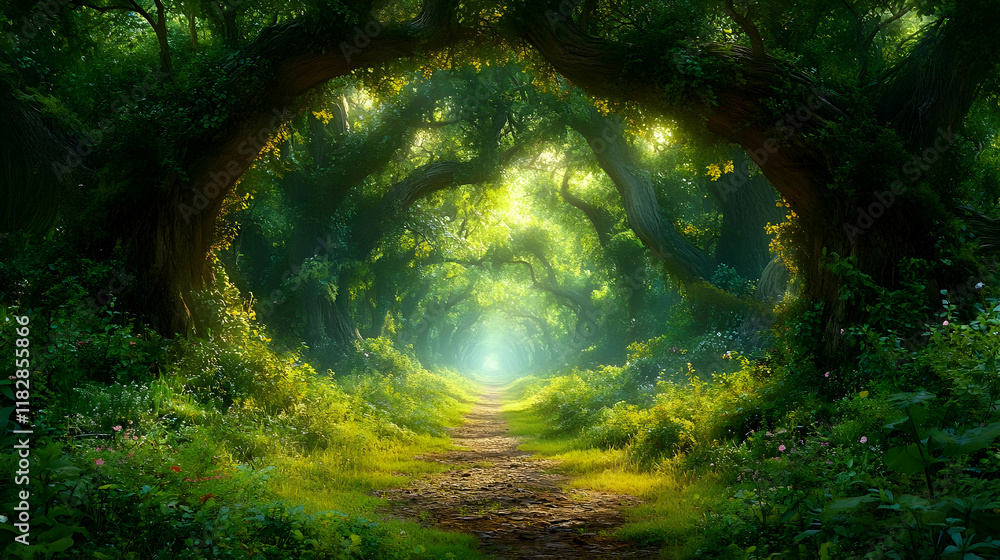 Poster enchanted forest path leads through lush greenery and canopy of trees illuminated softly