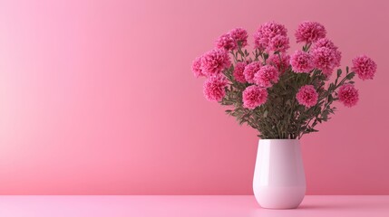Obraz premium A charming vase brimming with delicate pink flowers rests gracefully on a table, radiating love and warmth for a perfect Valentine's Day setting.