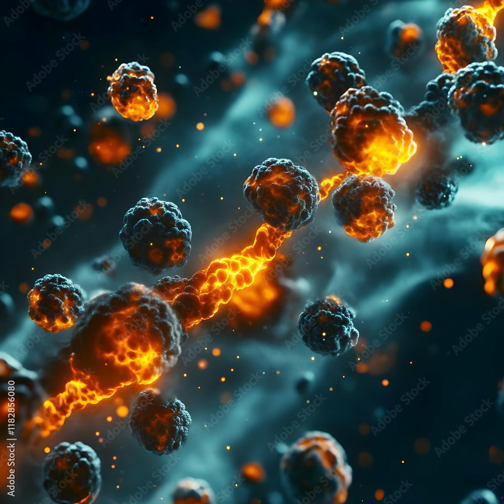 Poster burning abstract spheres connected by fiery chain with smoke and sparks floating dynamically