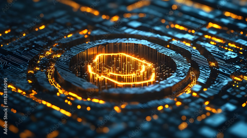 Poster 3d render of futuristic circuitry with glowing hexagon core and complex details