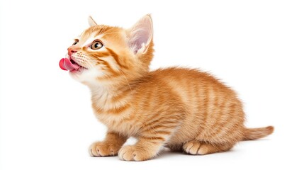 Obraz premium Light background shot of a kitten licking its lips, gazing upward, with room for copy text in the surrounding blank space.