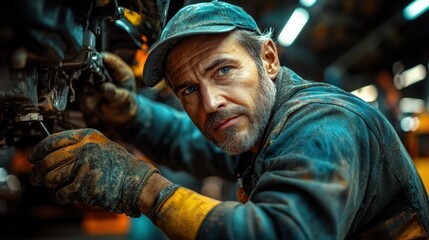 Fototapeta premium Car Mechanic Working Under a Vehicle in Modern Garage Performing Maintenance and Repair on Automobile Parts