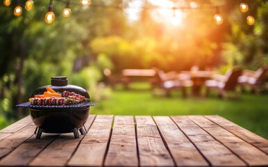 Grilled Meat and Vegetables on Barbecue Grill in Outdoor Garden Setting with Soft Sunset Light and String Lights for Summer Gathering or Celebration