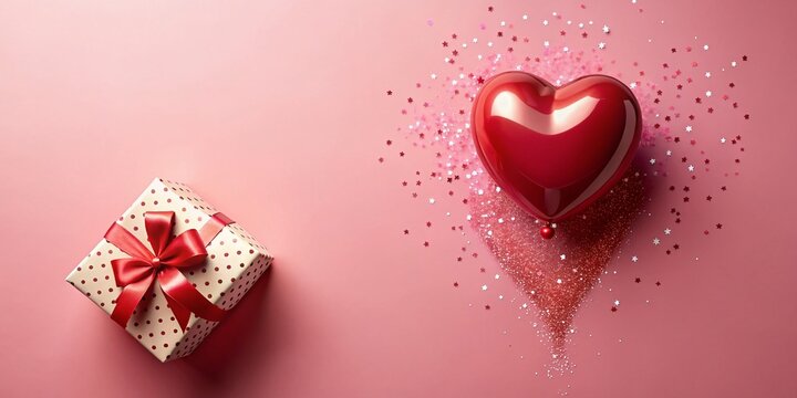 Exploding Red Heart Balloons from Gift Box - Pink Background - Love & Celebration Stock Photo