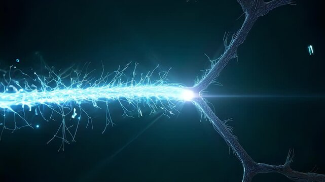 3D View of information pulsing down a neuron in the human brain.