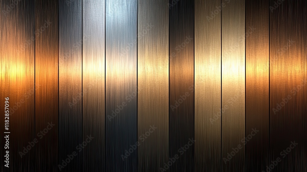 Poster abstract display of metallic surfaces showcasing a gradient of colors in a studio setting during eve