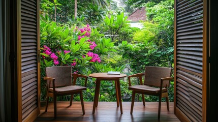 Obraz premium Resort balcony setup featuring two comfortable wooden chairs, a table, and the vibrant greenery of the surrounding garden in full bloom.