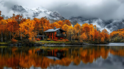 Fototapeta premium Modern Lakeside Cabin Nestled among Vibrant Autumn Trees Reflected in Calm Water under Cloudy Sky.