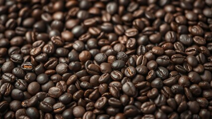 Fototapeta premium Close up view of a mound of roasted coffee beans filling the entire frame, pile, background, caffeine