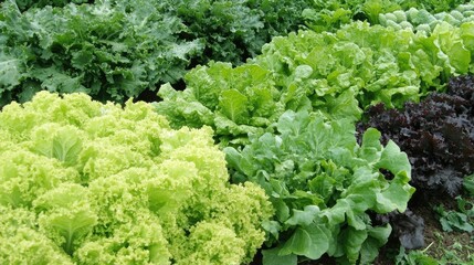 Rows of vibrant green vegetables thriving in an organic farm field under the morning sun, showcasing healthy growth and sustainable farming practices.