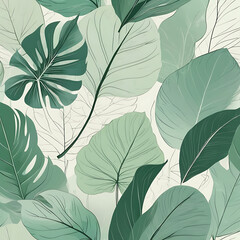Fototapeta premium A botanical abstract background with oversized leaf silhouettes, soft green gradients, and hand-drawn line art details.