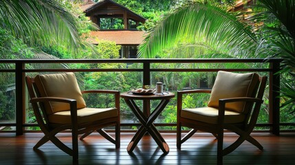 Two cozy wooden chairs with comfortable cushions facing a small table, set on a resort balcony overlooking tropical greenery.