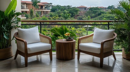 Obraz premium Two elegant wooden chairs with white cushions and a wooden table on a resort balcony, overlooking a serene green garden in the afternoon.