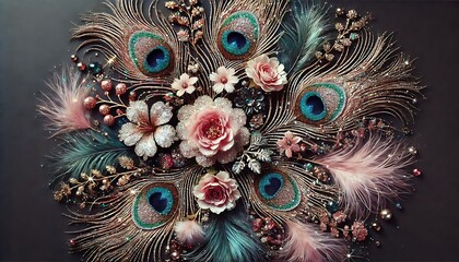 Glittery peacock feathers surrounding delicate flowers with iridescent sparkles, creating a luxurious design