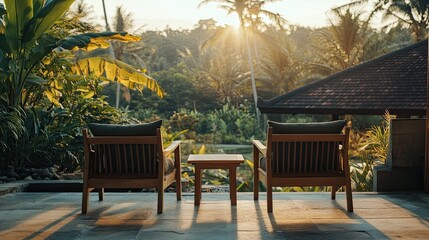 Obraz premium Two stylish wooden chairs with cushions, a small table on a resort balcony, and a serene garden view bathed in golden afternoon light.