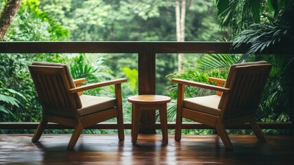 Obraz premium Two stylish wooden chairs with soft cushions and a small wooden table on a resort balcony, overlooking a lush green garden under soft natural light.