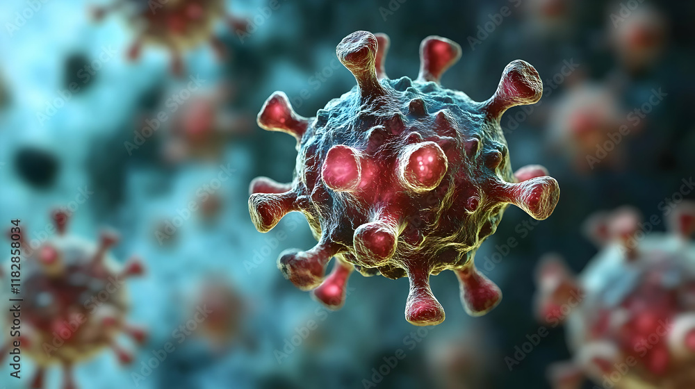 Poster microscopic view of a virus cell shows its detailed surface texture and structure magnified