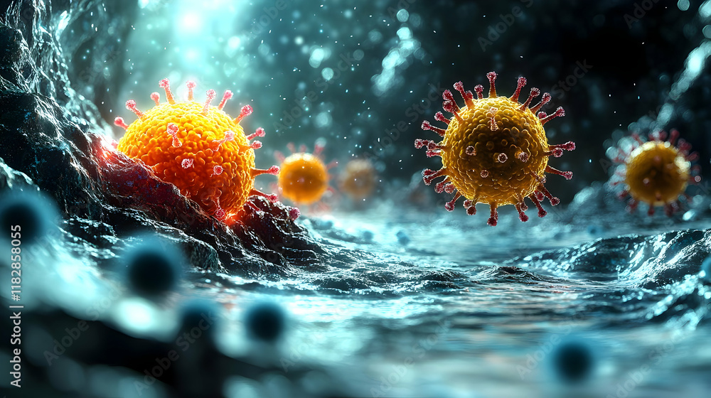 Aufkleber 3d illustration of virus particles floating in a liquid environment, creating a microscopic scene