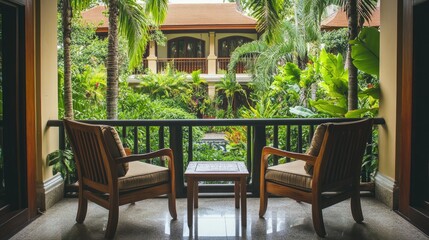 Two wooden chairs with soft cushions, paired with a small table on a balcony, surrounded by the vibrant greenery of a resort garden.